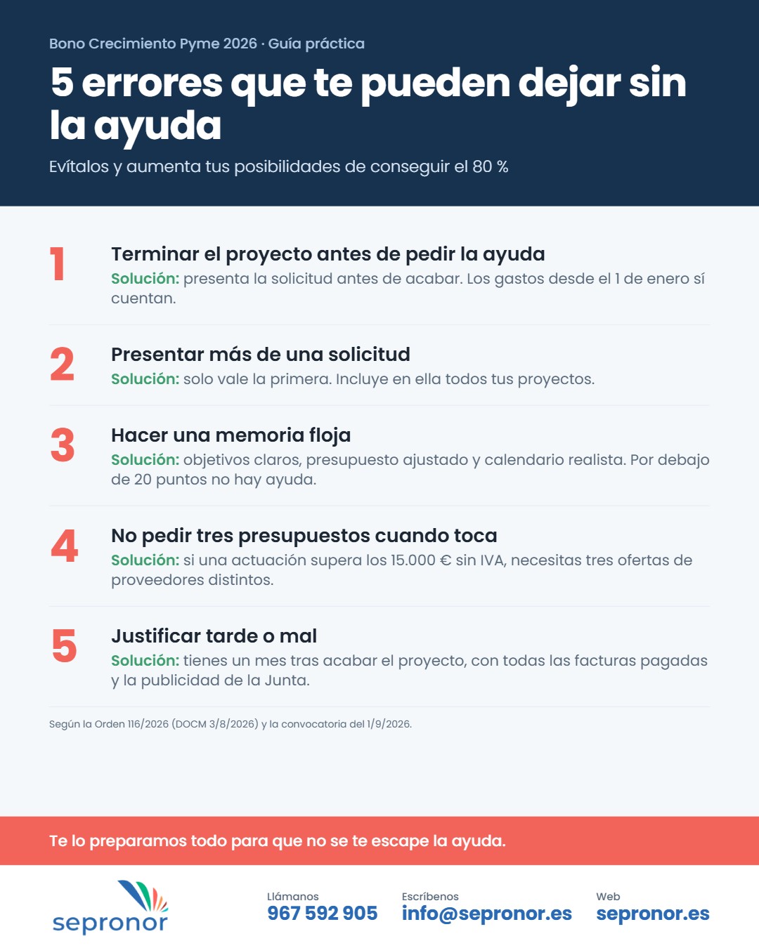 Infografía: 5 errores que te pueden dejar sin el Bono Crecimiento Pyme 2026 y cómo evitarlos